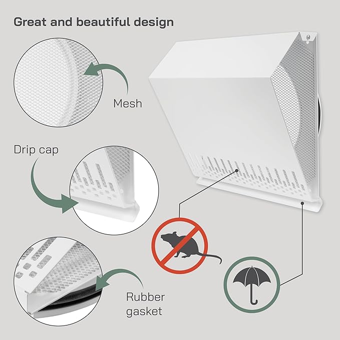 Vent Systems 10" Inch Air Supply Vent Cover with Rubber Gasket - White Galvanized Steel - Robust and Weatherproof Outdoor Air Intake Box - Duct or Surface Mounting - Rain and Snow Protection