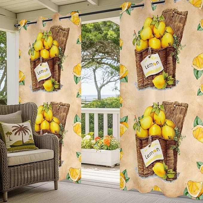 Lemon Outdoor Curtains for Patio Lemons in Baskets Summer Tropical Plant Brown Waterproof Outside Curtains with Grommet Top Weatherproof Curtain for Cabana Pergola Gazebo, 1 Panel, 54" W x 84" L