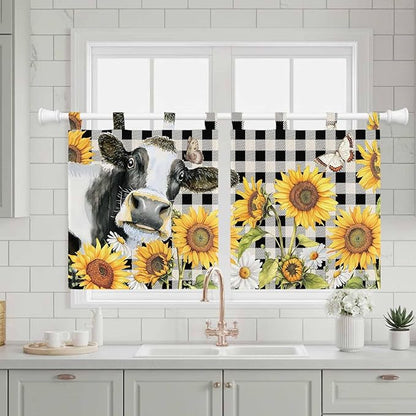 Retro Sunflowers Kitchen Curtains 36 Inch Length, Small Window Curtains Tab Top, Farmhouse Floral Cow Butterfly Black Plaid Light Filtering Short Window Treatments Tier Drapes 27.5"x36" 2 Panel