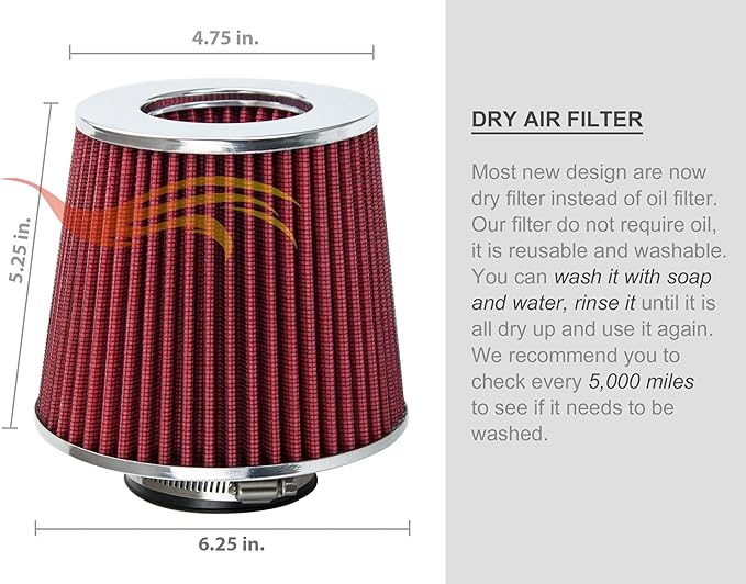 RED 3.5" 89 mm Inlet Truck Air Cone Replacement Performance Washable Clamp-On Dry Air Filter (8" Tall)