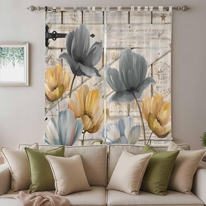 Spring Tulips Flower Living Room Curtains 84 Inch Length, Window Curtains Tab Top, Vintage Floral Barn Doors Rustic Beige Light Filtering Window Treatments Drapes 52"x84" 2 Panel