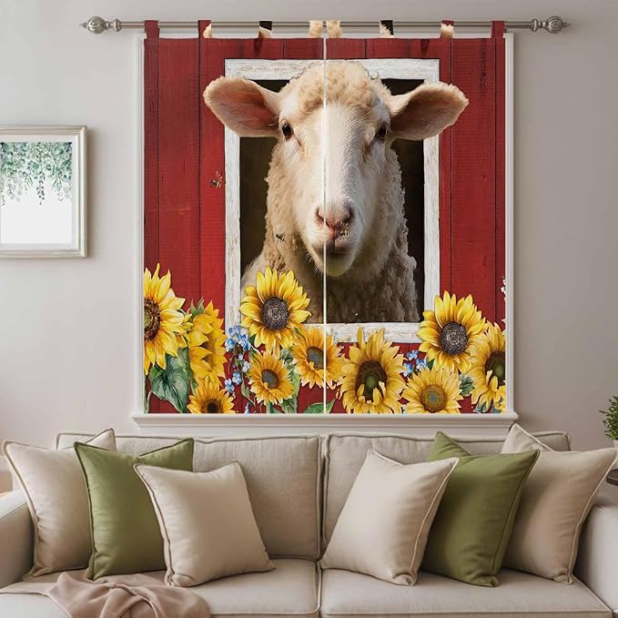 Sheep Sunflower Living Room Curtains 84 Inch Length, Window Curtains Tab Top, Country Red Farm Barn Spring Flowers Light Filtering Window Treatments Drapes 42"x84" 2 Panel