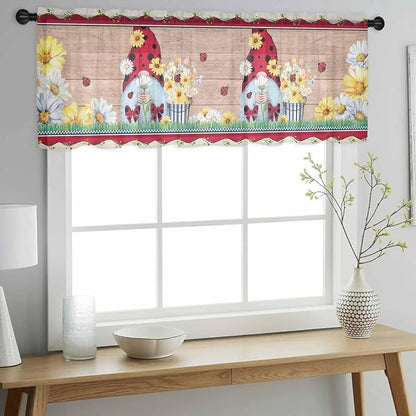 Ladybug Gnome Sheer Valance Curtains, Country Summer Rustic White Yellow Daisy Floral Wood Grain Light Filtering Kitchen Valances Rod Pocket Voile Curtain for Bedroom/Living Room/Basement 54Wx18L