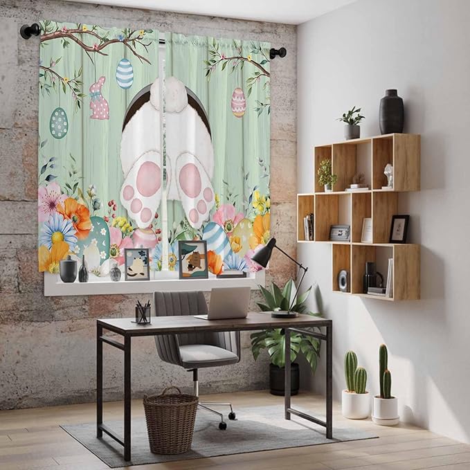 Easter Window Curtains 63 Inch Long 2 Panel Set, Rod Pocket Bedroom Curtains & Drapes, Spring Watercolor Bunny Eggs Wooden Grain Green Light Filtering Window Treatment for Living Room 42"W x 63"L