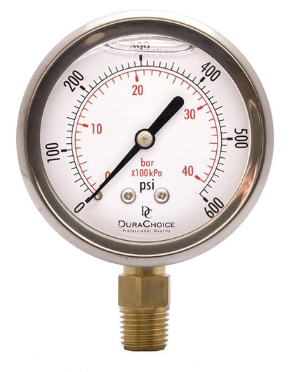 2-1/2" Oil Filled Pressure Gauge - Stainless Steel Case, Brass, 1/4" NPT, Lower Mount Connection, 0-600PSI