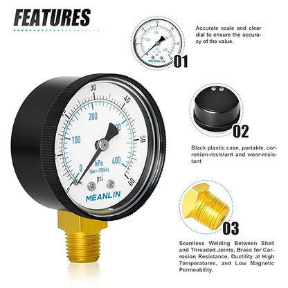 MEANLIN MEASURE 1/4" NPT 0-60Psi 2" FACE DIAL Swimming Pool Water Pressure Gauge Lower Mount, with 1/4" x 1/2" NPT and 1/4" x 3/8" NPT Hex Bushing