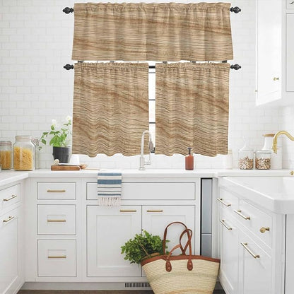 Kitchen Curtains Tiers and Valance Set of 3, Country Farmhouse Light Filtering Window Curtain Set, Vintage Brown Wooden Grain Rod Pocket Curtain Drapes for Cafe, Living Room, 24 Inches Tiers