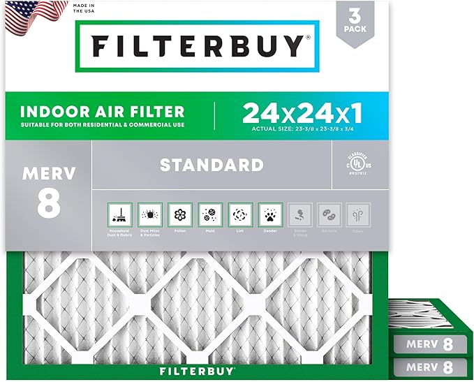 Filterbuy 24x24x1 Air Filter MERV 8 Essential Dust & Allergy Defense (3-Pack), Electrostatic Pleated HVAC AC Furnace Filters Replacement, Made in USA (Actual Size: 23.38 x 23.38 x 0.75)