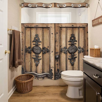 Wood Barn Door No Hook Shower Curtain with Snap in Liner Set, Waterproof Shower Curtains for Bathroom, Wooden Plank Fabric Shower Curtain, See Through Mesh Top Window, 72" W x 72" L