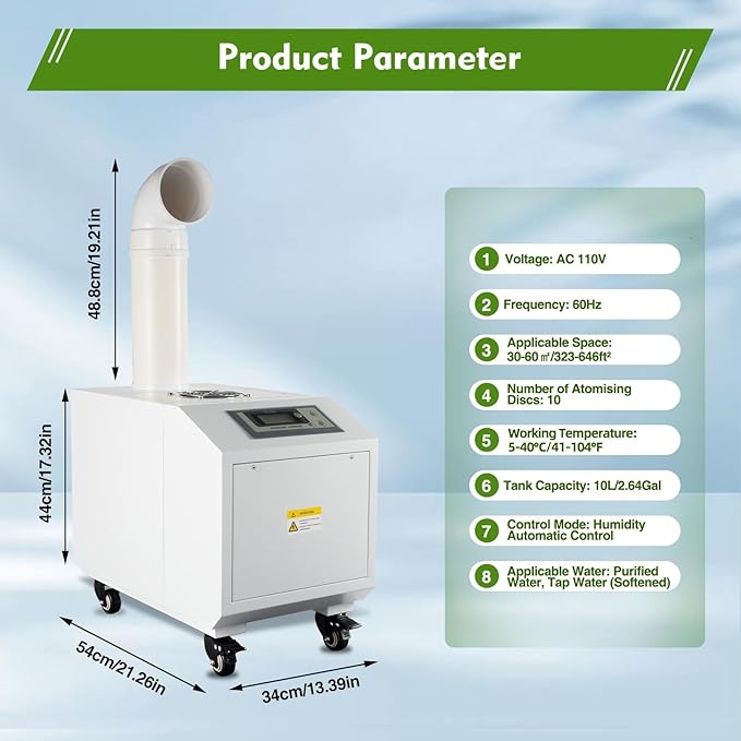 Ultrasonic Industrial Agricultural Humidifer Commercial Humidifier for Plants Large Volume (3kg/H) Automatic Ultrasonic Mist Maker 160M³/H Airflow for Warehouse Greenhouse Garden