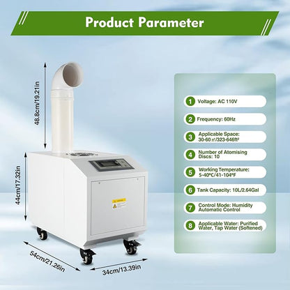 Ultrasonic Industrial Agricultural Humidifer Commercial Humidifier for Plants Large Volume (3kg/H) Automatic Ultrasonic Mist Maker 160M³/H Airflow for Warehouse Greenhouse Garden