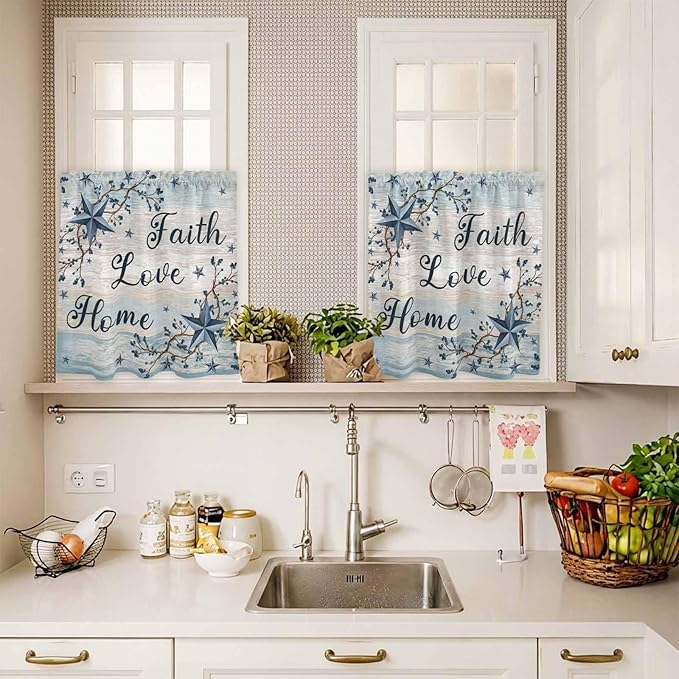 Vintage Farmhouse Kitchen Curtains Set 3 Piece for Windows, Rod Pocket Valance and Tier Set 24 Inch Length, Blue Country Texas Star Vines Wooden Light Filtering Cafe Curtains for Living Room Bathroom