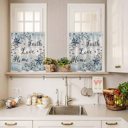 Vintage Farmhouse Kitchen Curtains Set 3 Piece for Windows, Rod Pocket Valance and Tier Set 24 Inch Length, Blue Country Texas Star Vines Wooden Light Filtering Cafe Curtains for Living Room Bathroom