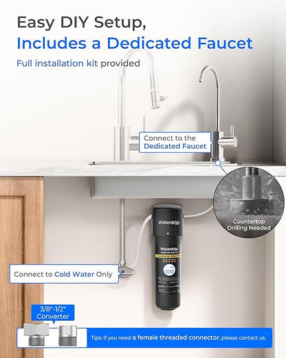 Waterdrop 10UB-CM 6 Months Under Sink Water Filter (Include: System+ 𝐅𝐚𝐮𝐜𝐞𝐭) for 99% Chloramine Reduce- Ideal for California, Florida and Washington- NSF/ANSI 42 Certified- with Faucet