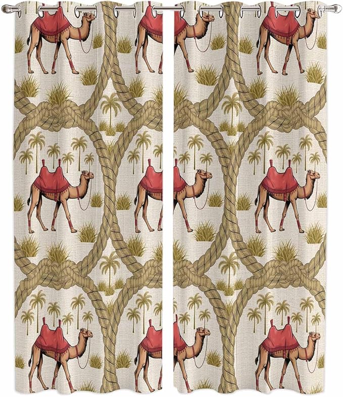 2 Panel Kitchen Cafe Curtains, Camels Palm Trees Sunlight Filtering Nature Air Through, Window Decor Tier Curtains for Living Room 104W x 96L inch Desert Date Coconut Trees Leaves Cords Beige
