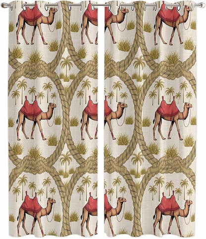 2 Panel Kitchen Cafe Curtains, Camels Palm Trees Sunlight Filtering Nature Air Through, Window Decor Tier Curtains for Living Room 104W x 96L inch Desert Date Coconut Trees Leaves Cords Beige