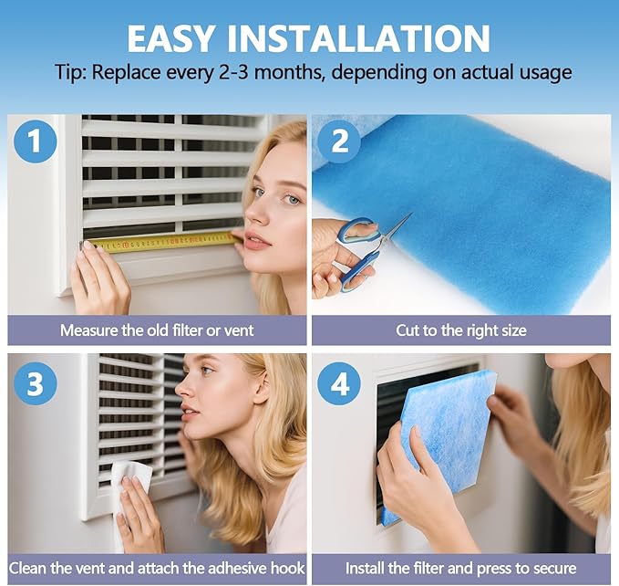 12" x 100" Air Vent Filters, with 48Pcs Adhesive Hook Tape, Cut to Size Air Filter Material HVAC Furnace Filters Kit MERV 8 Triple Vent Filter for Home Floor Register, Ceiling, Grilles