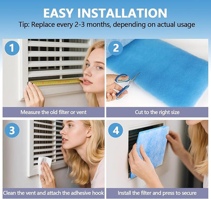 12" x 100" Air Vent Filters, with 48Pcs Adhesive Hook Tape, Cut to Size Air Filter Material HVAC Furnace Filters Kit MERV 8 Triple Vent Filter for Home Floor Register, Ceiling, Grilles