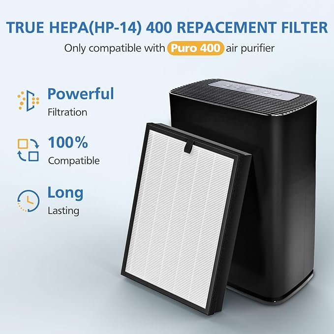 400 Air Purifier Replacement Filter True HP-14 HEPA Filter Compatible with Puro 400 Air Purifier, 3-in-1 HEPA with Activated Carbon Filter Attach 99.97% of Pet Dander, Smoke, Pollen, 2 Pack