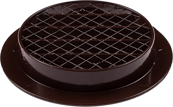 4" Brown Vent Cover - Aluminum - Industrial Round Air Vent Louver - Metal Soffit Vent with Screen - Mesh - Round Vent Grille for House Or Garage Wall