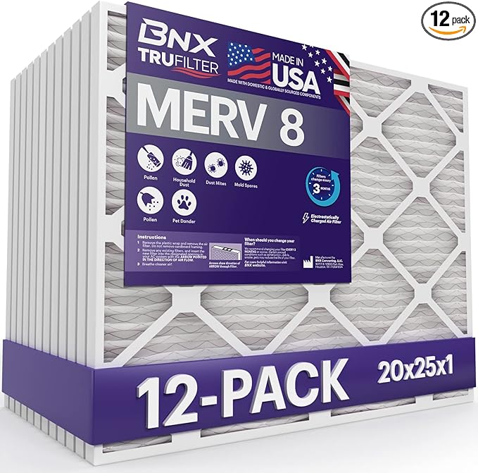 BNX TruFilter 20x25x1 Air Filter MERV 8 (12-Pack) - MADE IN USA – Dust & Pet Defense Electrostatic Pleated Air Conditioner HVAC AC Furnace Filters for Dust, Pet, Mold, Pollen MPR 600 – 700 & FPR 5