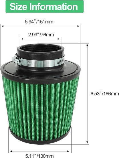 Cold Air Intake Filter High Performance Washable Filter Clamp-On Replacement Air Filter Flange Diameter 3inch/76mm Green