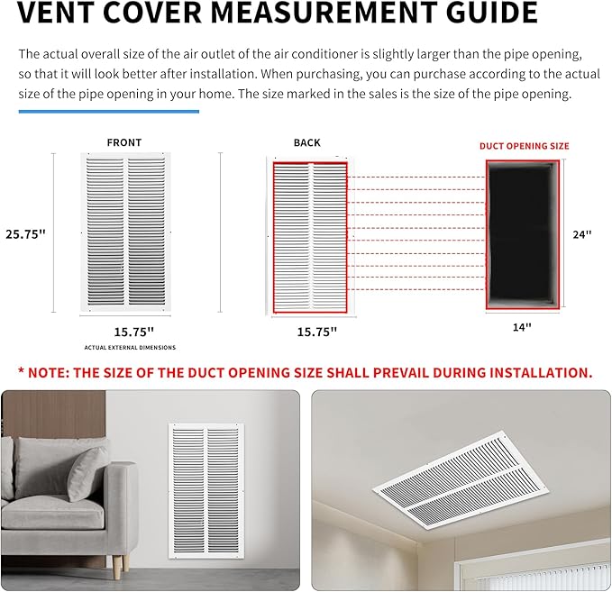 14x24 Return Air Grille(Duct Opening Size),Air Return Vent Cover,Flat Vent Cover,Rejillas De Aire Acondicionado Para Casa,Return Air Grilles,Outer Dimensions:15.75"Wx25.75"H(14"W x 24"H, Duct Opening)