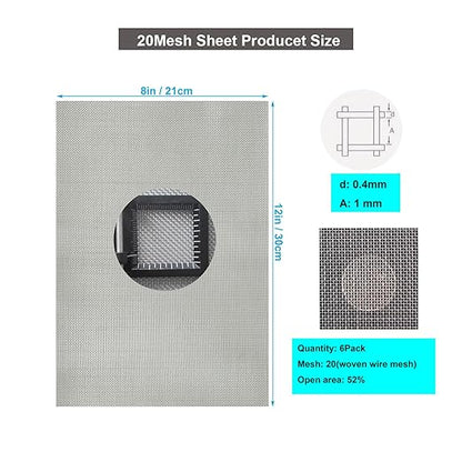 6PACK 304 Stainless Steel Metal Mesh Screen, 12"x8"(30x21cm) Vent Screen, 20Mesh 1mm Hole Fine Wire Mesh Sheet, Easy to Cut for Air Vent, Door, Window, Cage, Filter and DIY Project