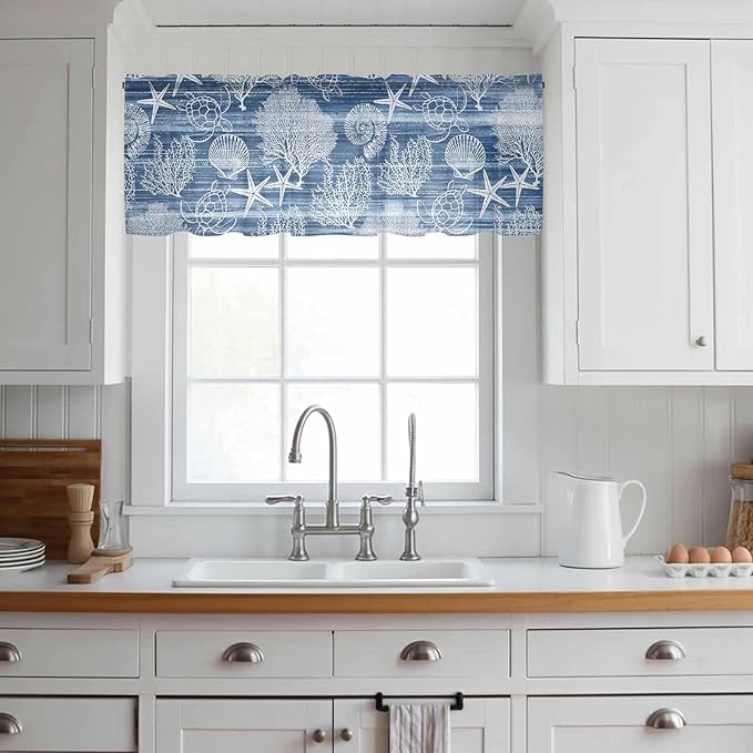 Navy Blue Retro Summer Sheer Valance Curtains, Sea Turtle Starfish Coral Ocean Light Filtering Kitchen Valances Rod Pocket Voile Curtain Window Treatment for Bedroom/Living Room/Basement 60Wx18L