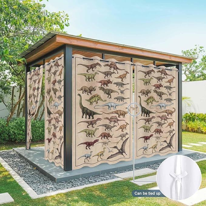 Vintage Outdoor Curtains for Patio Dinosaurs Biographies Retro Waterproof Outside Curtains with Grommet Top Weatherproof Curtain for Cabana Pergola Gazebo, 1 Panel, 54" W x 108" L