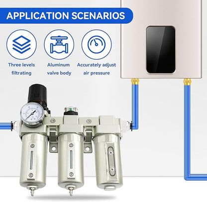 1/2" NPT Industrial Grade 3 Stage Air-Dryer-for-Compressor, Manual Drain Air-Compressor-Water-Separator-System Filter Oil for Plasma Cutter and Paint Spray,0-240 PSI,Double Filtration & Drying System