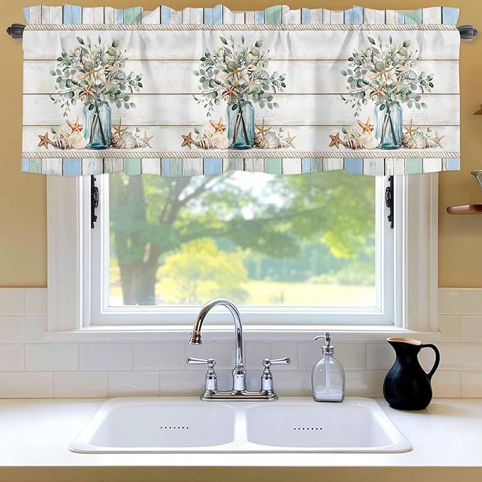 Kitchen Valances for Window, Ocean Starfish Conch Shell Eucalyptus Light Filtering Rod Pocket Valance Curtain, Colorful Wood Grain Short Curtains Window Topper for Bedroom Living Room 54x18in