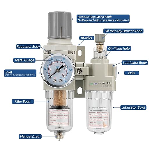 1/4" NPT Compressed Air Filter Regulator Lubricator Combination Water/Oil Trap Separator - Specifications (0-150 psi),5 Micron Brass Element,polyethylene Bowl,Manual Drain,Bracket