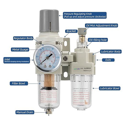 1/4" NPT Compressed Air Filter Regulator Lubricator Combination Water/Oil Trap Separator - Specifications (0-150 psi),5 Micron Brass Element,polyethylene Bowl,Manual Drain,Bracket