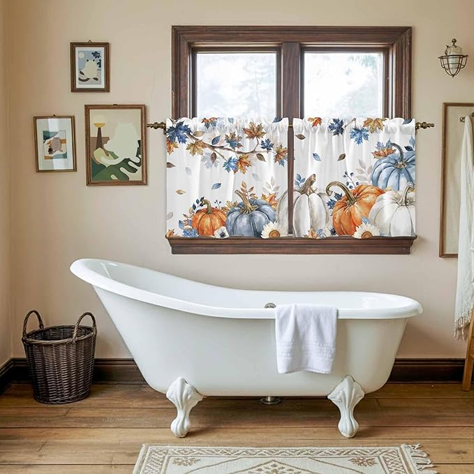 Navy Blue Pumpkin Fall Kitchen Tier Curtains 36 Inch Long 2 Panel Set,Rod Pocket Half Window Curtains Over Sink,Thanksgiving Maple Leaves Branches Short Drapes for Bathroom Cafe 27.5"W x 36"L