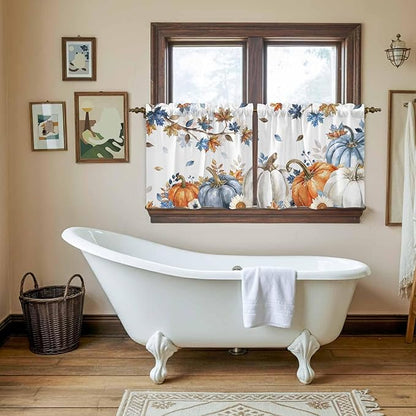 Navy Blue Pumpkin Fall Kitchen Tier Curtains 36 Inch Long 2 Panel Set,Rod Pocket Half Window Curtains Over Sink,Thanksgiving Maple Leaves Branches Short Drapes for Bathroom Cafe 27.5"W x 36"L