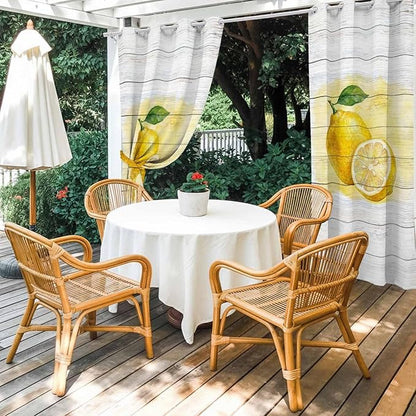 Lemons Yellow Summer Fruit Vintage Wood Outdoor Curtains for Patio Waterproof Outside Curtains with Grommet Top Weatherproof Curtain for Cabana Pergola Gazebo, 1 Panel, 54" W x 108" L