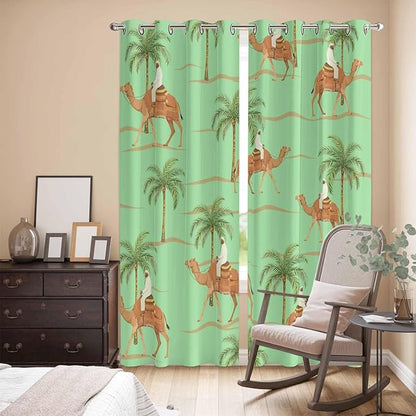 2 Panel Kitchen Cafe Curtains, Desert Camels Sunlight Filtering Nature Air Through, Home Decor Window Covering Tier Curtains for Living Room 80W x 84L inch Tropical Date Palm Trees Animal Green