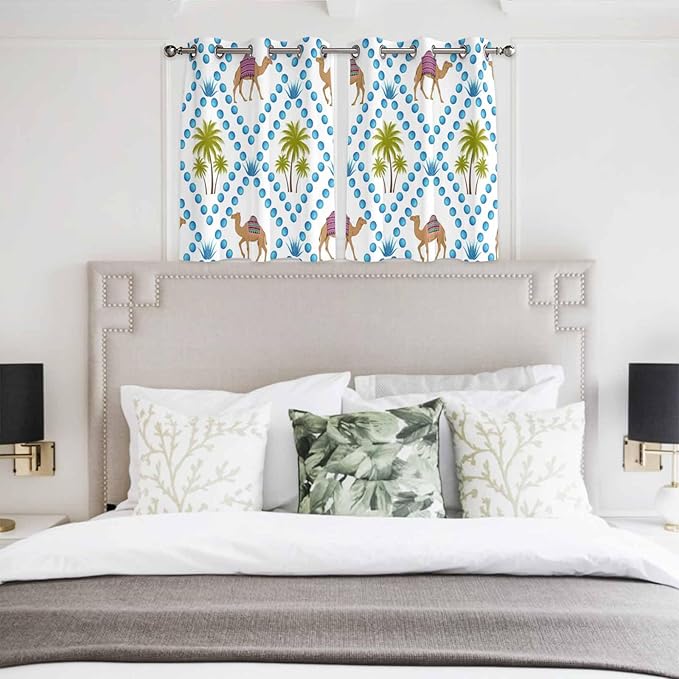 2 Panel Kitchen Cafe Curtains, Camels Palm Trees Sunlight Filtering Nature Air Through, Home Decor Window Covering Tier Curtains for Bedroom Living Room Tropical Desert Animal Plants Polka Dot