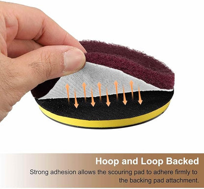 HARFINGTON 24pcs Scrubber Scouring Pads 500 Grits 4 Inch Drill Power Brush Hoop and Loop Surface Conditioning Disc Drill Scuffing Disc Scrub Pads for Home Kitchen Cleaning, Red
