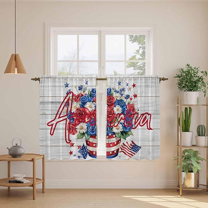 Independence Day Kitchen Curtains 45 Inch Long 2 Panel Set, Rod Pocket Window Treatment, 4 of July Rose Wooden Grain Vintage Light Filtering Short Curtains & Drapes for Bathroom Laundry 52"W x 45"L