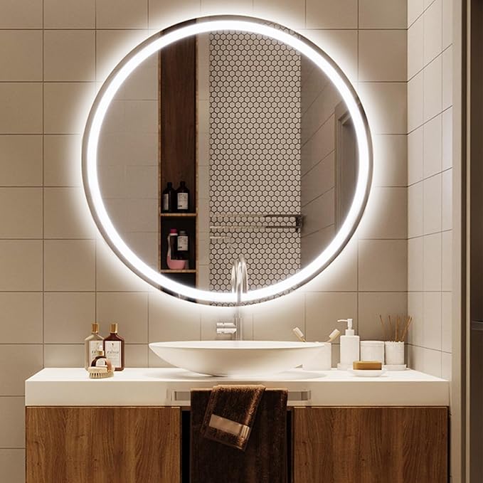 Bathroom Mirror with LED Lights, Wall Mounted Round Mirror, Mirror for Wall with Touch, 3 Colour and Demister Pad, IP44 Dimmable Bathroom Vanity Mirror(A,27.5"/70cm)