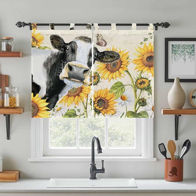 Yellow Sunflowers Bedroom Curtains 63 Inch Length, Window Curtains Tab Top, Country Cow Flower Butterfly Farmhouse Cream Light Filtering Window Treatments Drapes 42"x63" 2 Panel