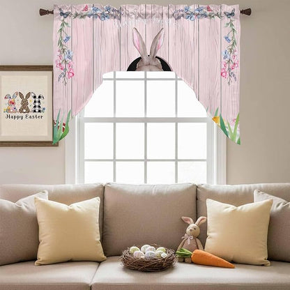 Swag Valance Curtains, Easter Cute Rabbit and Colorful Eggs Rod Pocket Valances Swag Topper for Kitchen Windows, Pink Farm Wooden Barn Light Filtering Short Curtain for Bedroom Bathroom 56x36In
