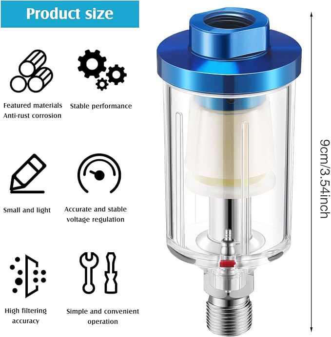 Pack of 6 Small Water Oil Separator Filter 1/4 Inch NPT Inlet and Outlet Air Compressor Moisture Filter Airbrush Water Separator for Spray Paint Air Line Compressor Fitting, Blue