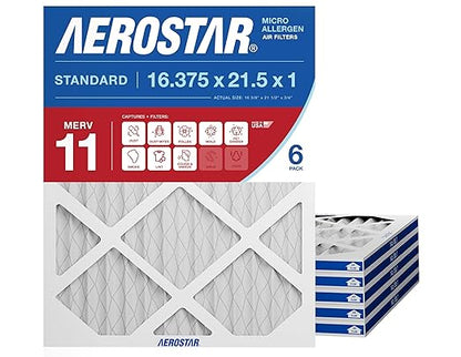 Aerostar 16.375x21.5x1 MERV 11 - 6 Count - Pleated HVAC, Furnace & Air Conditioner Filters - Removes Dust, Cold & Flu Germs, Lint, Mold, Pet Dander, Allergy-Causing Pollen, Smog & Smoke