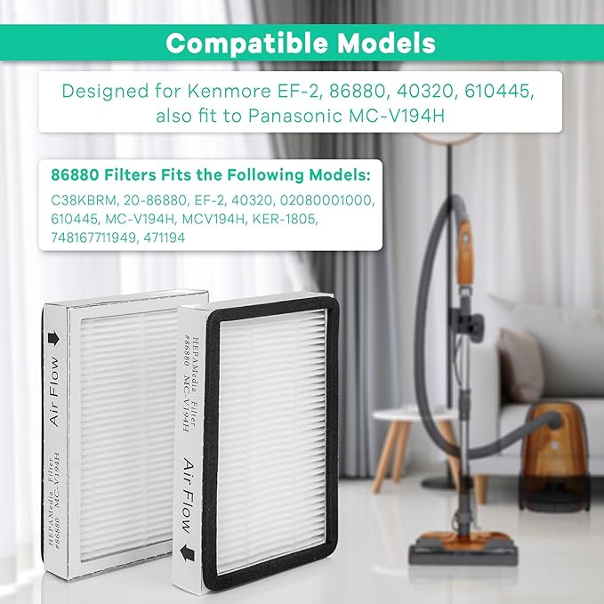 4-Pack -EF-2 86880 Exhaust Vacuum HEPA Filters for Kenmore, Compare to Replace Sears for Kenmore Part # 20-86880 (86880), 40320, EF2, 610445, Also Replaces Panasonic MC-V194H