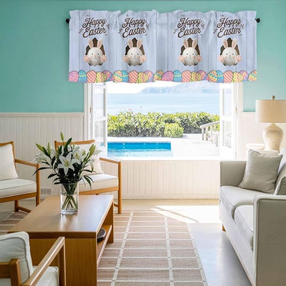 Blue Easter Curtain Valances for Windows, Kitchen Valance Window Treatment, Spring Cartoon Bunny Colorful Eggs Wood Grain Light Filtering Block Curtains for Bathroom/Bedroom/Living Room 60'' x 18''
