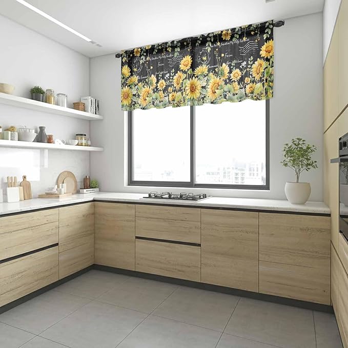 Summer Floral Sheer Valance Curtains, Watercolor Sunflower Eucalyptus Leaves Letter Print Light Filtering Kitchen Valances Rod Pocket Voile Curtain Treatment for Bedroom/Living Room/Basement 42Wx12L