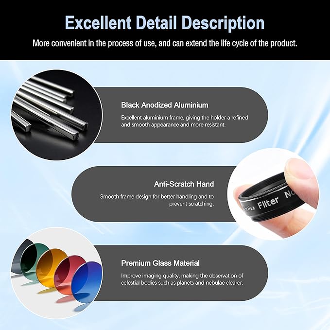 Astromania Telescope Eyepiece Filte Set 1.25 Inches, 4 Pcs Telescope Color Filter Set Including Red Yellow Green Blue, Eyepieces Filters Ideal Telescope Accessory for Planetary Moon Detail Observation